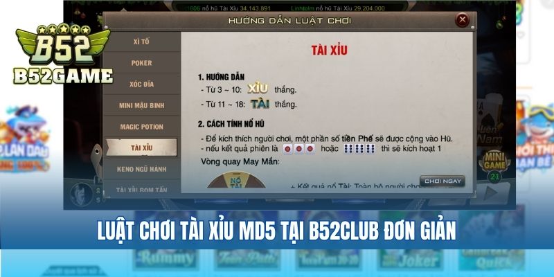 Luật chơi tài xỉu MD5 tại B52club đơn giản